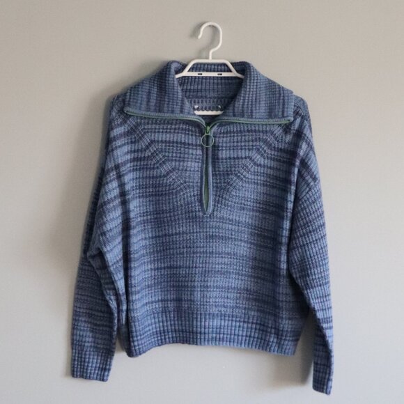Aerie Womens Blue Sz S 1/4 Zip Wool Pullover Striped Oversized Lounge Sweater - Picture 1 of 13
